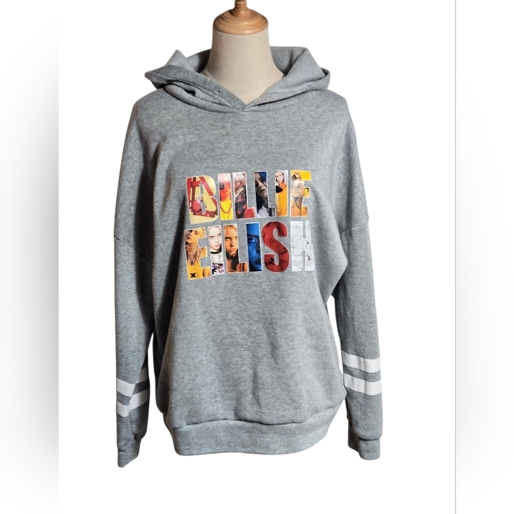Fancyqube Gray Billie Eilish Graphic Varsity Sweatshirt Hoodue